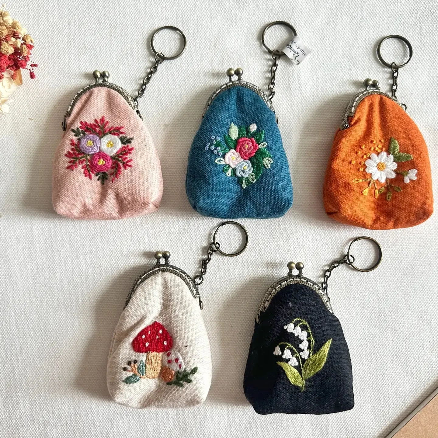 Flower Bouquet Turquoise Embroidered Keychain Pouch