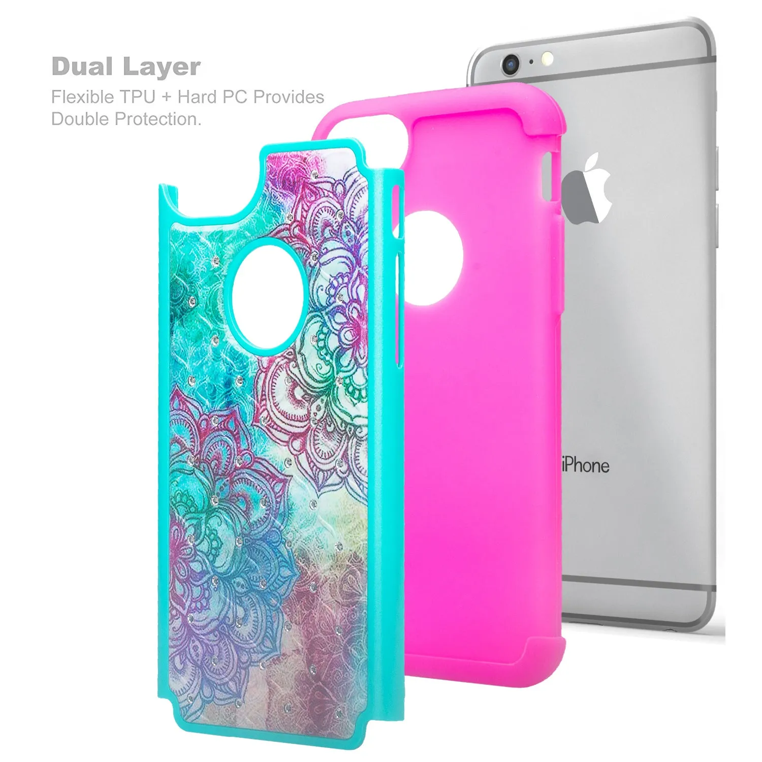 For Apple iPhone 7 Case, Slim Hybrid Crystal Rhinestone Dual Layer [Shock Resistant] Protective Cover for iPhone 7 - Teal Flower