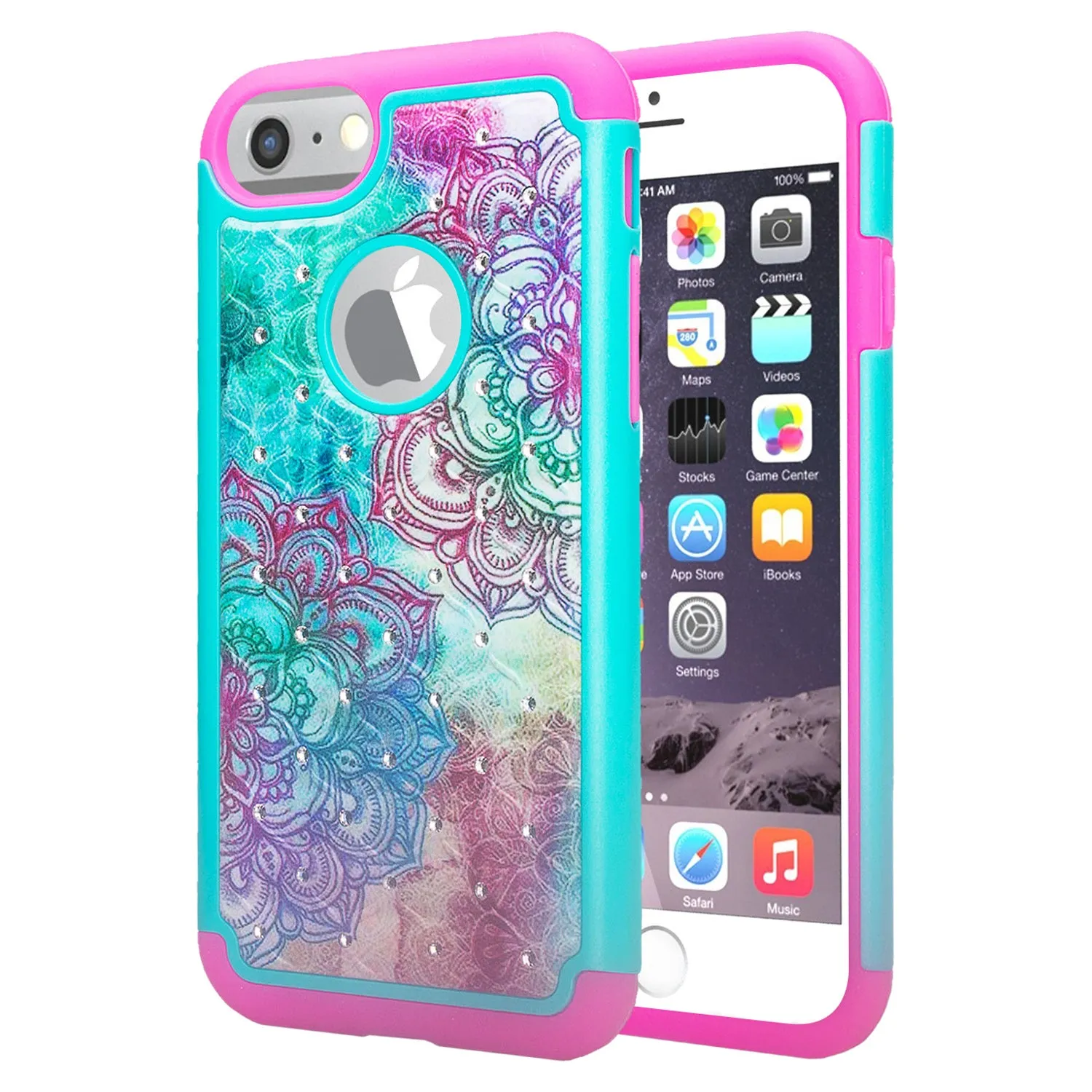 For Apple iPhone 7 Case, Slim Hybrid Crystal Rhinestone Dual Layer [Shock Resistant] Protective Cover for iPhone 7 - Teal Flower