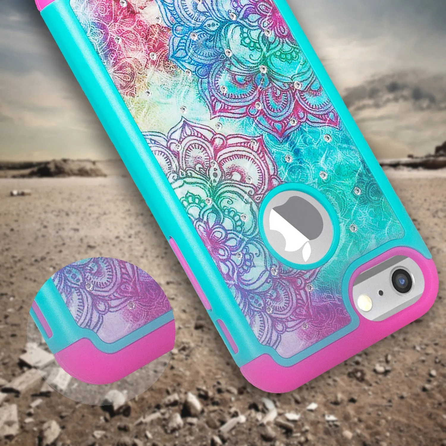 For Apple iPhone 7 Case, Slim Hybrid Crystal Rhinestone Dual Layer [Shock Resistant] Protective Cover for iPhone 7 - Teal Flower