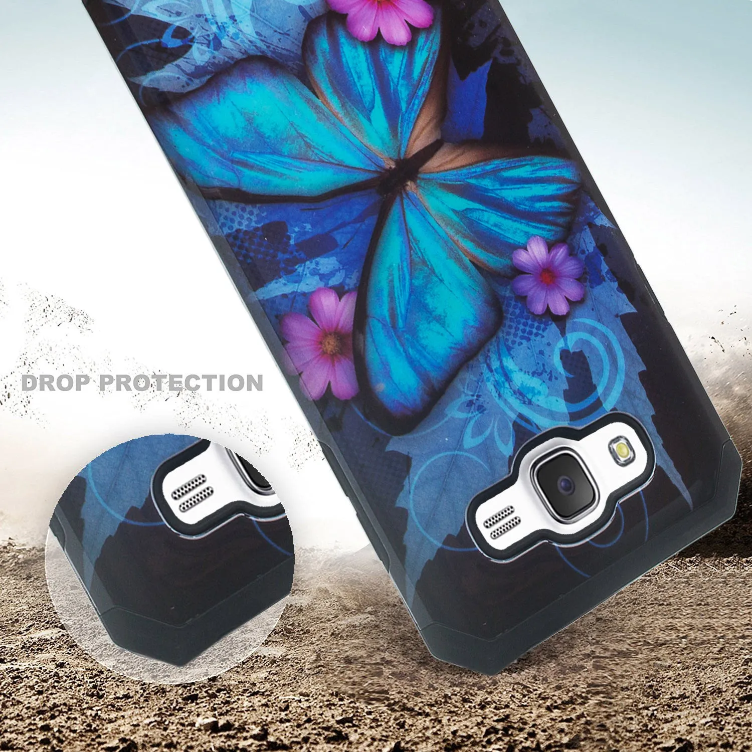 Galaxy J7 Case, Samsung Galaxy J7 [Shock Absorption /Impact Resistant] Hybrid Dual Layer Armor Defender Protective Case Cover for Galaxy J7 (Boost Mobile,Virgin,MetroPcs,TMobile), Blue Butterfly