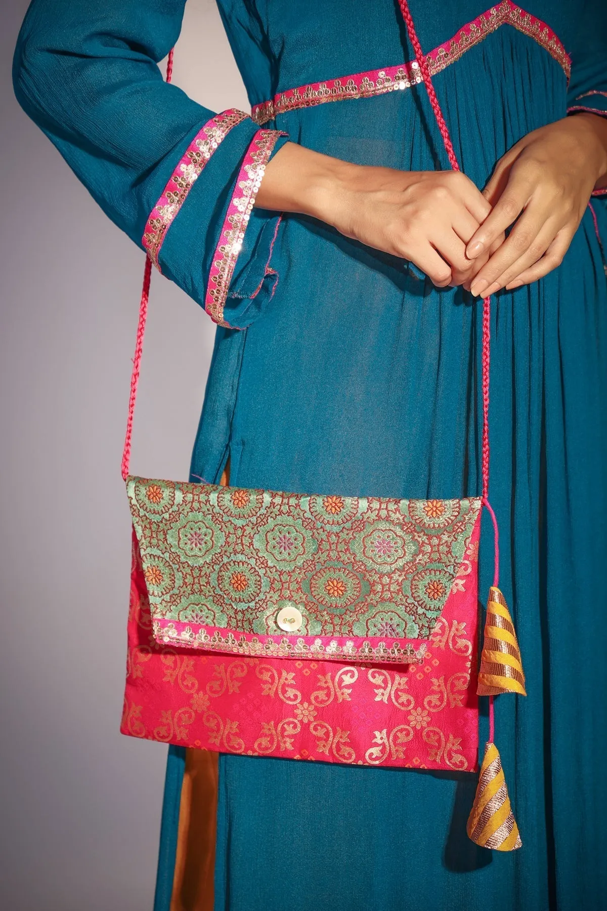 Haseena Teal blue and bright mustard color block kurta pant set