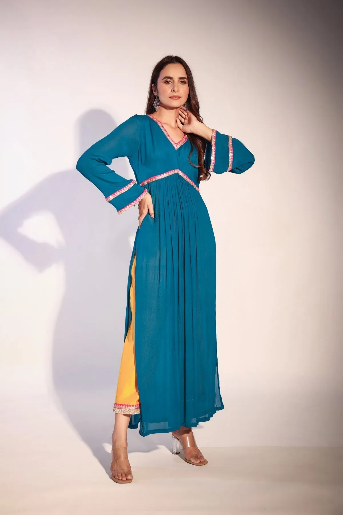 Haseena Teal blue and bright mustard color block kurta pant set