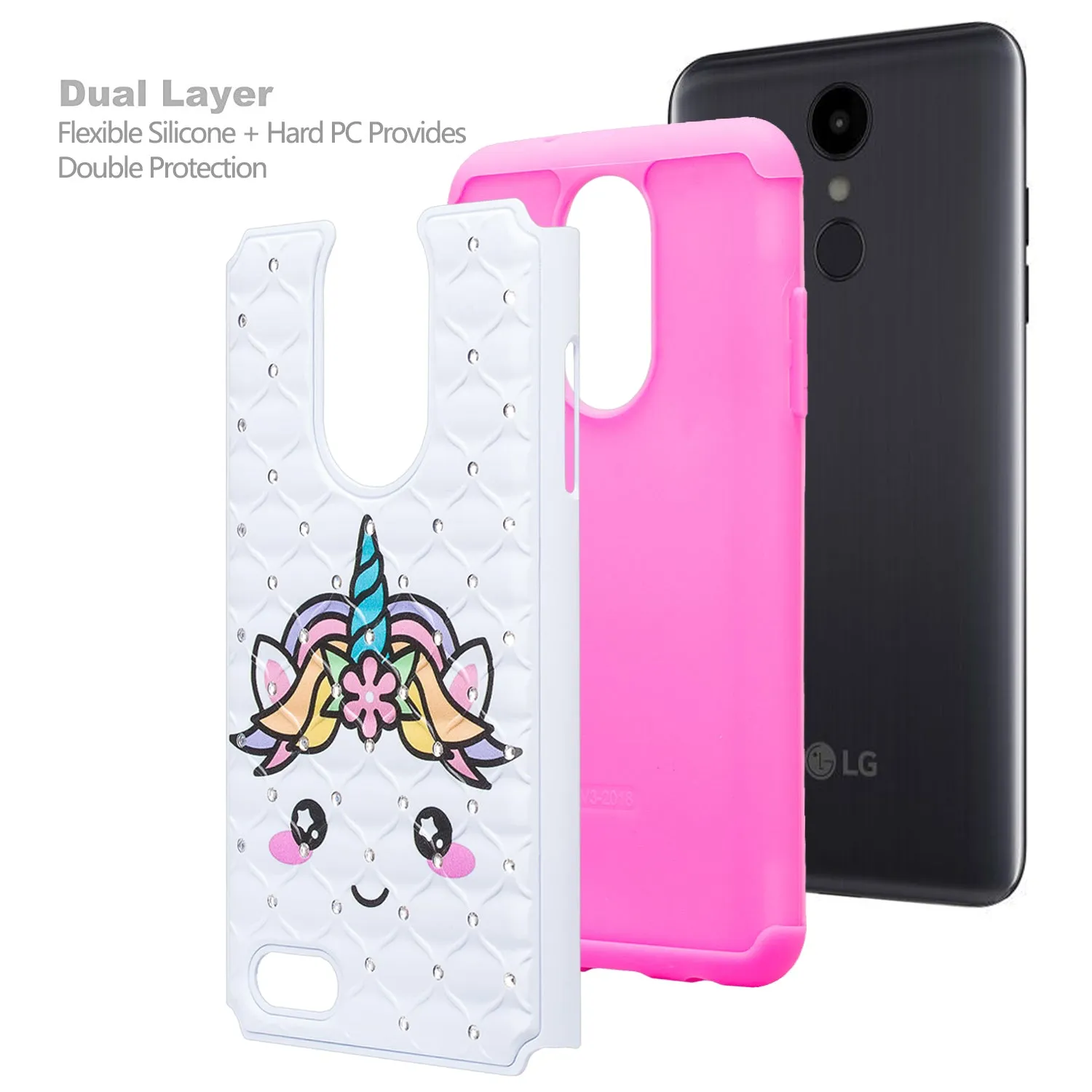 LG Aristo 2 Plus Case, Aristo 2, LG Tribute Dynasty, Rebel 3, Zone 4, Case, Slim Crystal Rhinestone Hybrid Dual Layer[Shock Resistant] Protective Cover for Aristo 2 - White Unicorn