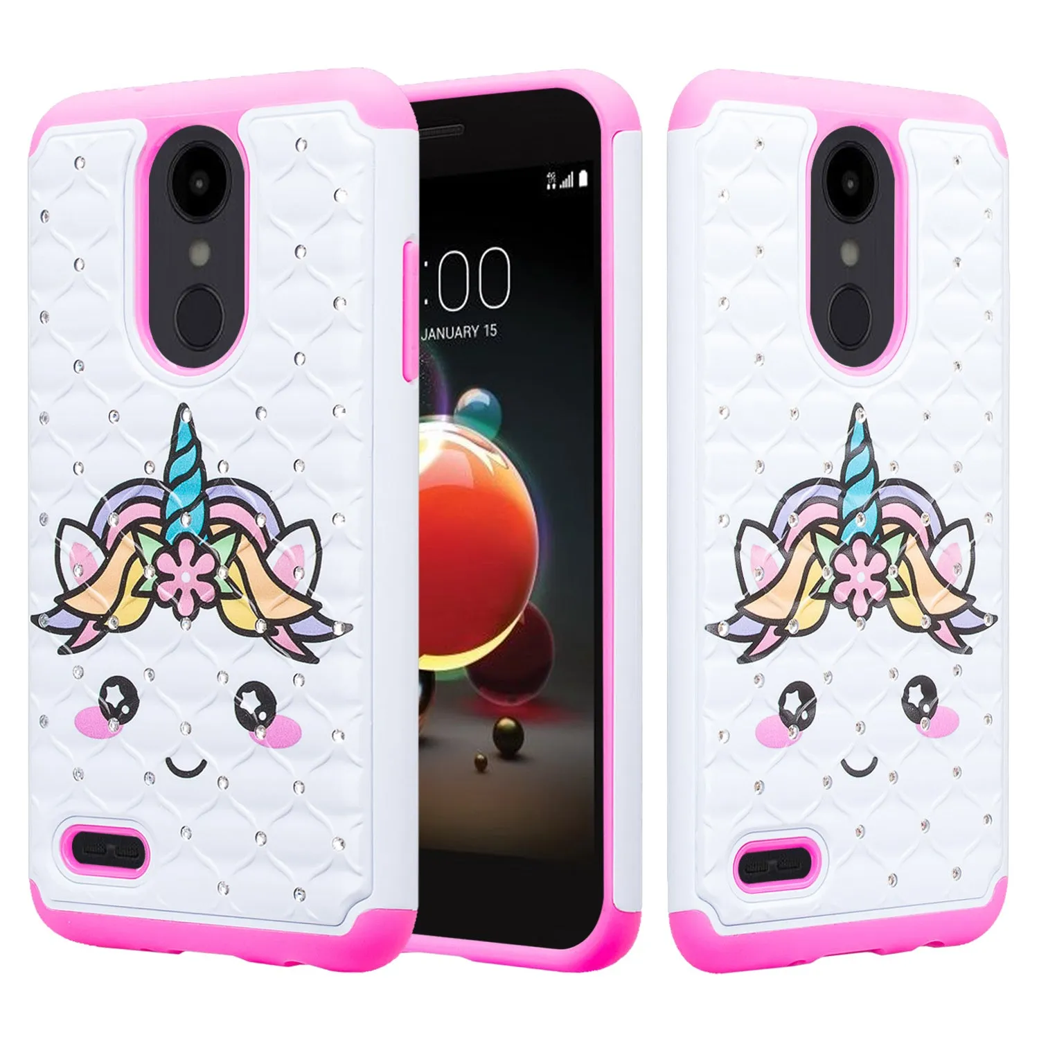 LG Aristo 2 Plus Case, Aristo 2, LG Tribute Dynasty, Rebel 3, Zone 4, Case, Slim Crystal Rhinestone Hybrid Dual Layer[Shock Resistant] Protective Cover for Aristo 2 - White Unicorn