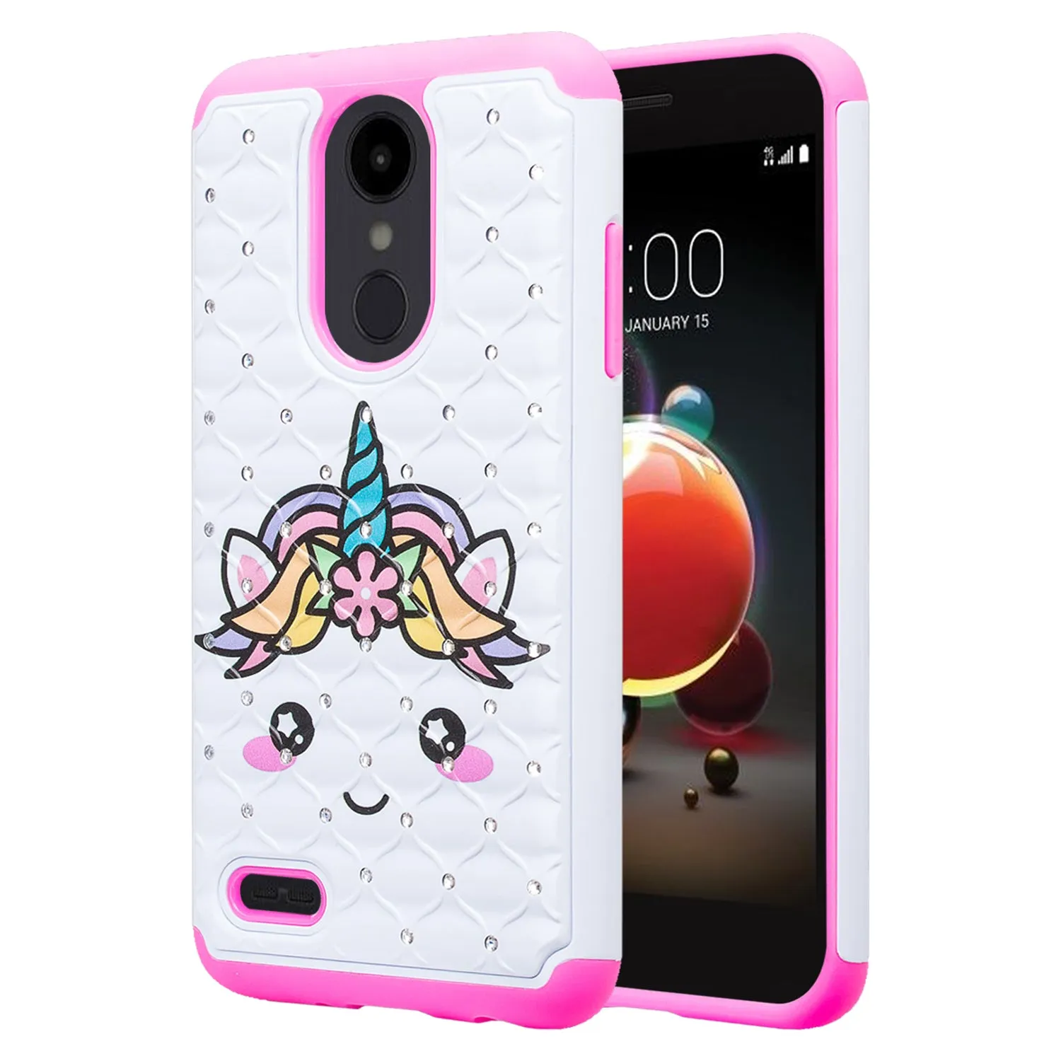 LG Aristo 2 Plus Case, Aristo 2, LG Tribute Dynasty, Rebel 3, Zone 4, Case, Slim Crystal Rhinestone Hybrid Dual Layer[Shock Resistant] Protective Cover for Aristo 2 - White Unicorn