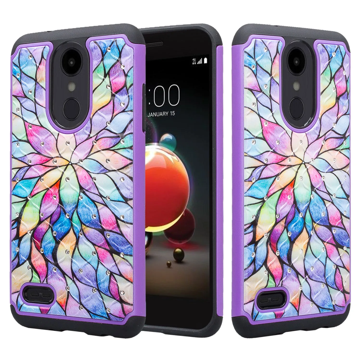 LG Aristo 2 Plus Case, Aristo 2, LG Tribute Dynasty, Rebel 3, Zone 4, Slim Crystal Rhinestone Hybrid Dual Layer[Shock Resistant] Protective Cover for Aristo 2 - Rainbow Flower
