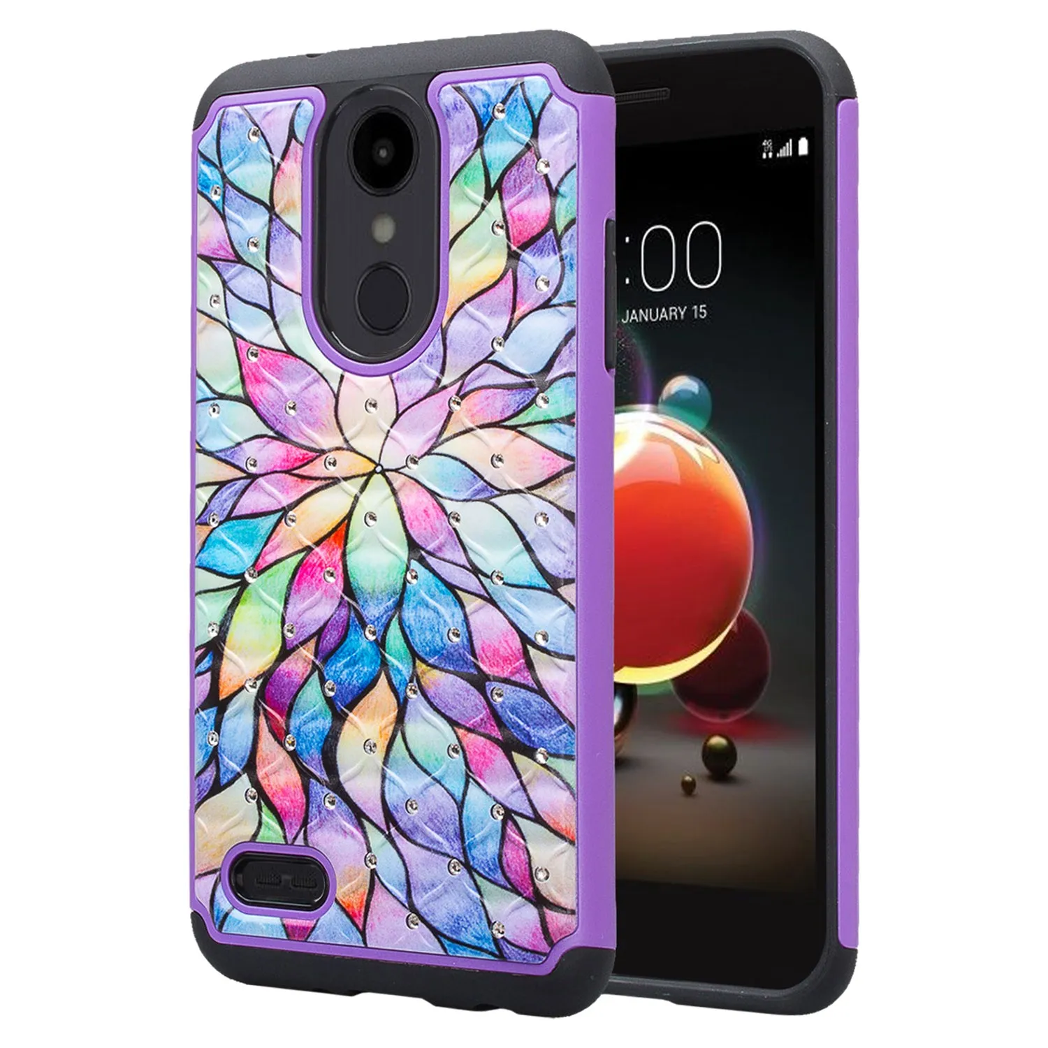 LG Aristo 2 Plus Case, Aristo 2, LG Tribute Dynasty, Rebel 3, Zone 4, Slim Crystal Rhinestone Hybrid Dual Layer[Shock Resistant] Protective Cover for Aristo 2 - Rainbow Flower