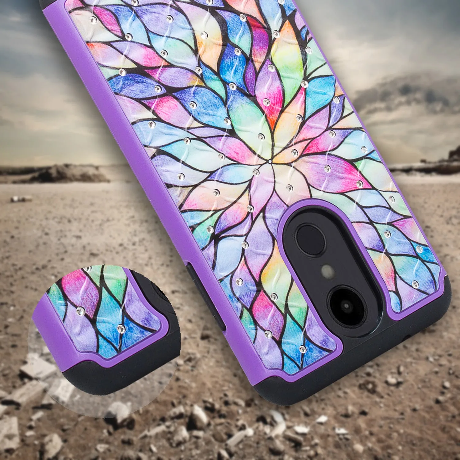 LG Aristo 2 Plus Case, Aristo 2, LG Tribute Dynasty, Rebel 3, Zone 4, Slim Crystal Rhinestone Hybrid Dual Layer[Shock Resistant] Protective Cover for Aristo 2 - Rainbow Flower
