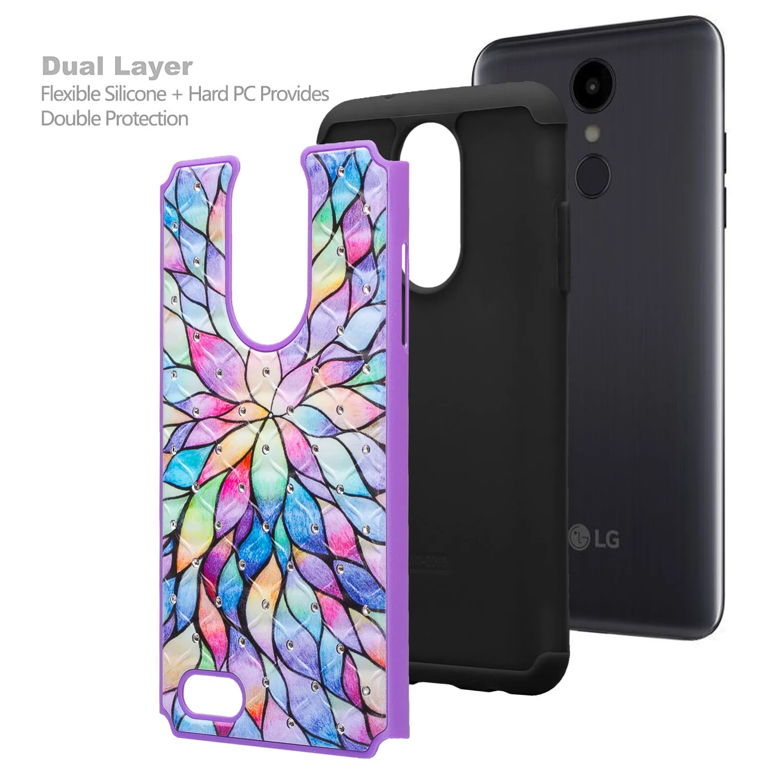 LG Aristo 2 Plus Case, Aristo 2, LG Tribute Dynasty, Rebel 3, Zone 4, Slim Crystal Rhinestone Hybrid Dual Layer[Shock Resistant] Protective Cover for Aristo 2 - Rainbow Flower