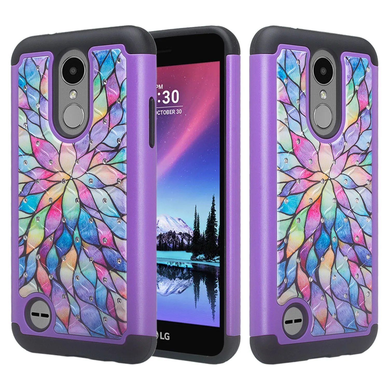 LG Aristo 2 Plus Case, Aristo 2, LG Tribute Dynasty, Rebel 3, Zone 4, Slim Hybrid [Shock Resistant] Crystal Rhinestone Dual Layer Protective Case Cover - Rainbow Flower