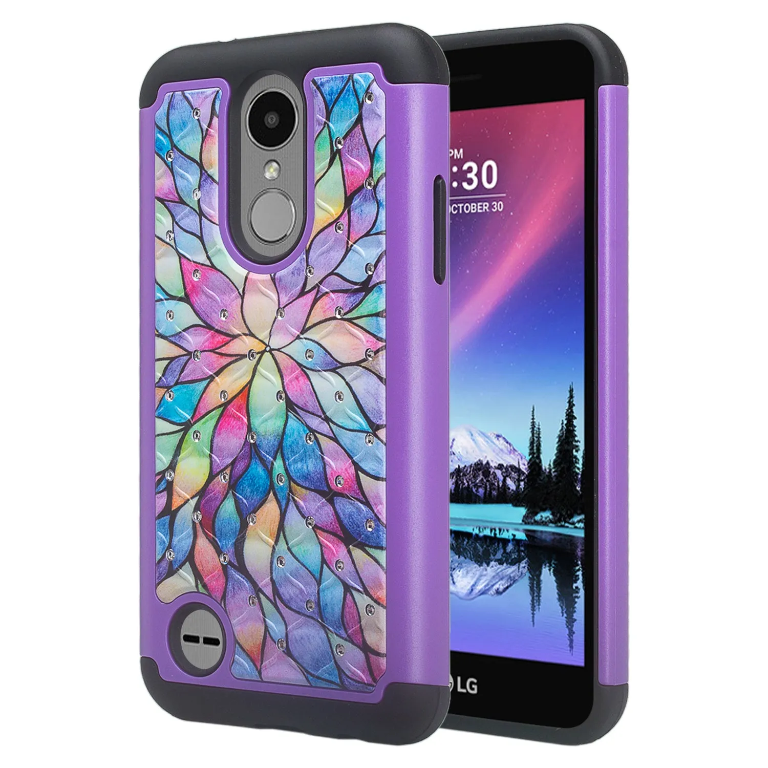 LG Aristo 2 Plus Case, Aristo 2, LG Tribute Dynasty, Rebel 3, Zone 4, Slim Hybrid [Shock Resistant] Crystal Rhinestone Dual Layer Protective Case Cover - Rainbow Flower