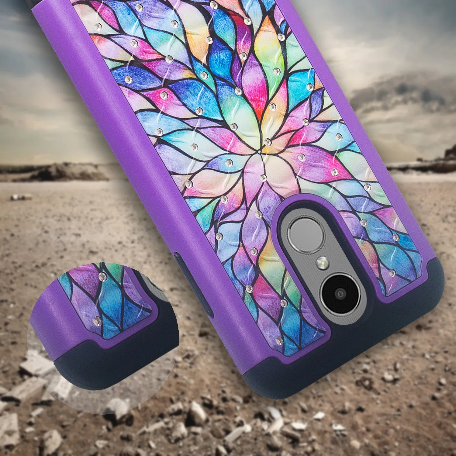 LG Aristo 2 Plus Case, Aristo 2, LG Tribute Dynasty, Rebel 3, Zone 4, Slim Hybrid [Shock Resistant] Crystal Rhinestone Dual Layer Protective Case Cover - Rainbow Flower
