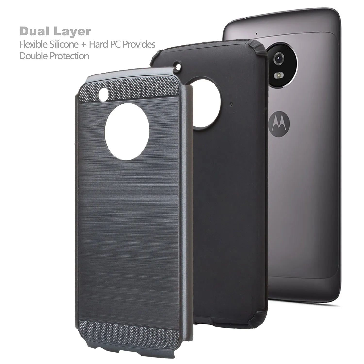 Motorola Moto G5 Plus Case, Slim [Impact Resistant] Hybrid Dual Layer Metallic Brush Cover - Brush Black