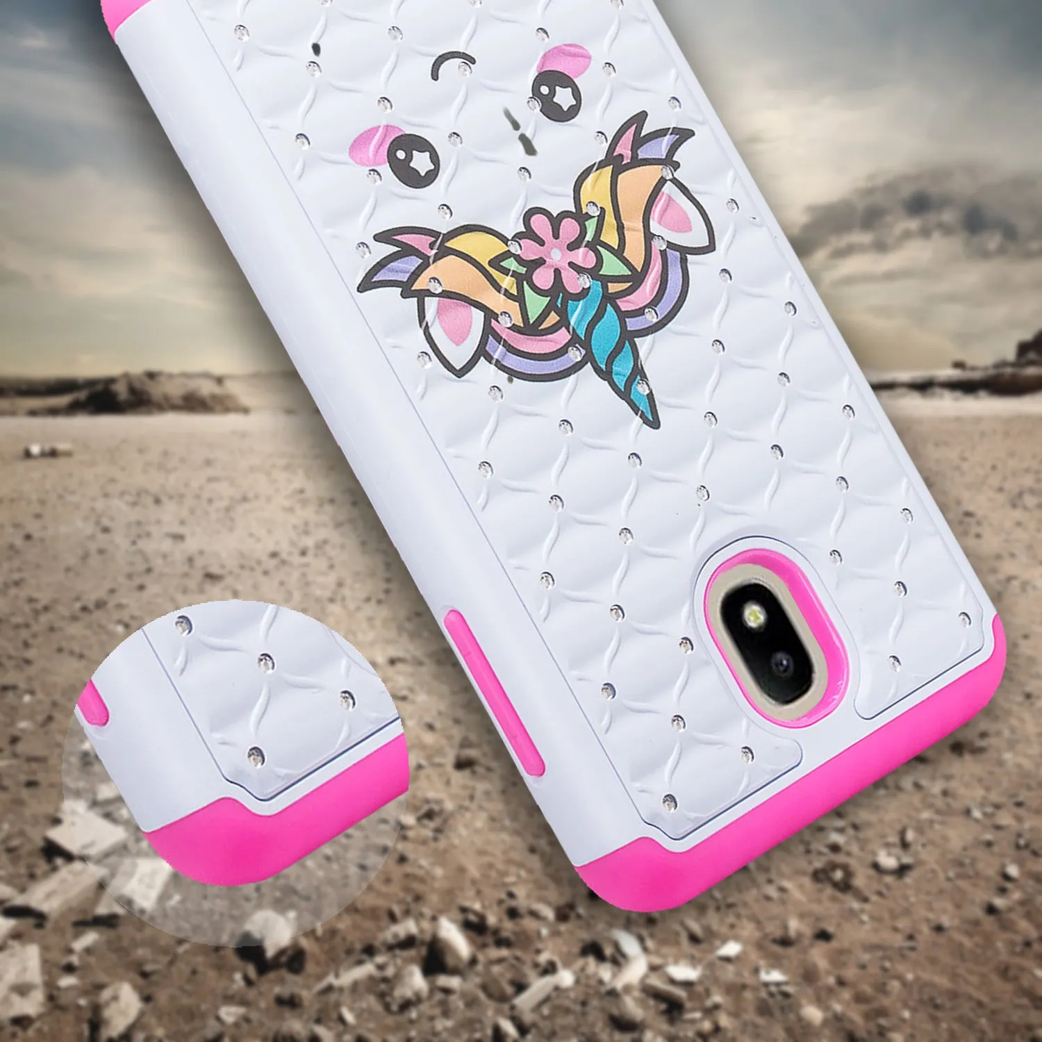 Samsung Galaxy J3 2018/Express Prime 3/Amp Prime 3/J3 Achieve/J3 Star/J3 Top/J3 Achieve/J3 Orbit/J3 V 3rd Gen/J3 Aura/Sol 3 Case Slim Crystal Rhinestone Dual Layer Protective Cover - White Unicorn
