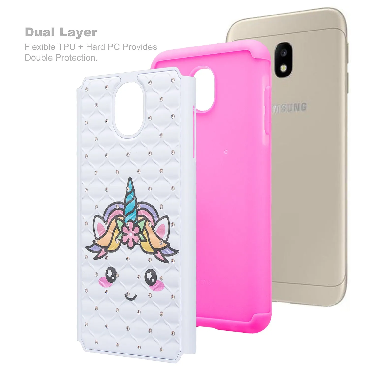 Samsung Galaxy J3 2018/Express Prime 3/Amp Prime 3/J3 Achieve/J3 Star/J3 Top/J3 Achieve/J3 Orbit/J3 V 3rd Gen/J3 Aura/Sol 3 Case Slim Crystal Rhinestone Dual Layer Protective Cover - White Unicorn