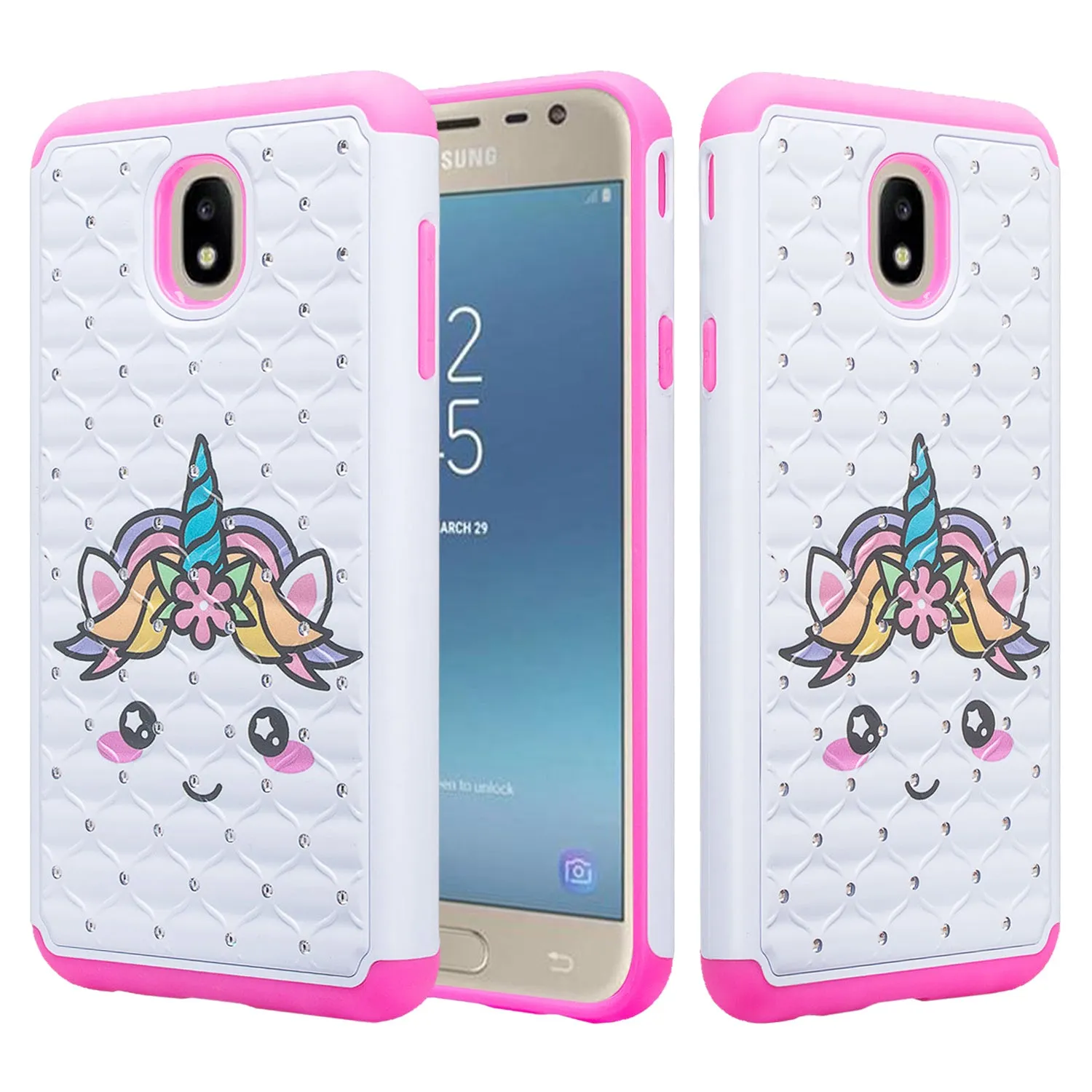 Samsung Galaxy J3 2018/Express Prime 3/Amp Prime 3/J3 Achieve/J3 Star/J3 Top/J3 Achieve/J3 Orbit/J3 V 3rd Gen/J3 Aura/Sol 3 Case Slim Crystal Rhinestone Dual Layer Protective Cover - White Unicorn