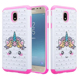 Samsung Galaxy J3 2018/Express Prime 3/Amp Prime 3/J3 Achieve/J3 Star/J3 Top/J3 Achieve/J3 Orbit/J3 V 3rd Gen/J3 Aura/Sol 3 Case Slim Crystal Rhinestone Dual Layer Protective Cover - White Unicorn