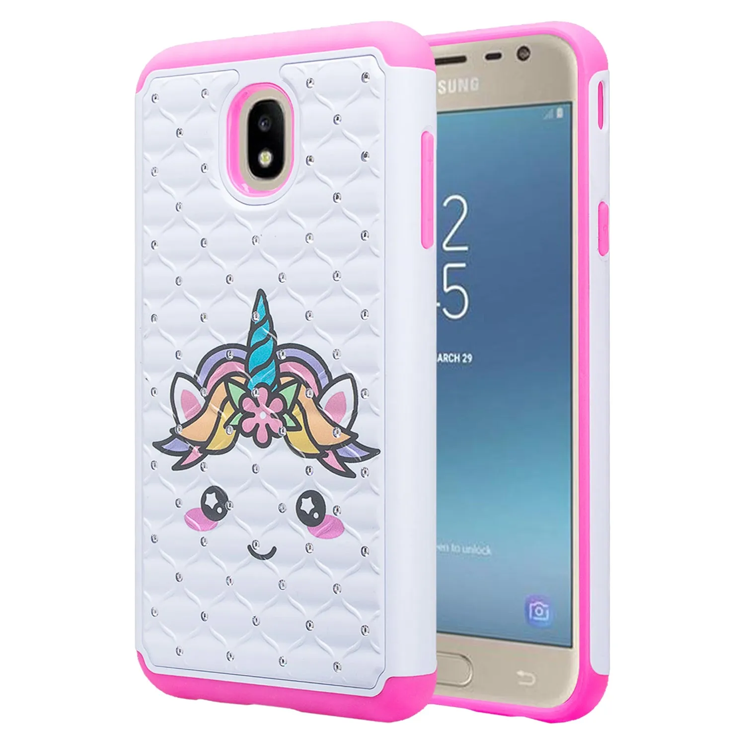 Samsung Galaxy J3 2018/Express Prime 3/Amp Prime 3/J3 Achieve/J3 Star/J3 Top/J3 Achieve/J3 Orbit/J3 V 3rd Gen/J3 Aura/Sol 3 Case Slim Crystal Rhinestone Dual Layer Protective Cover - White Unicorn