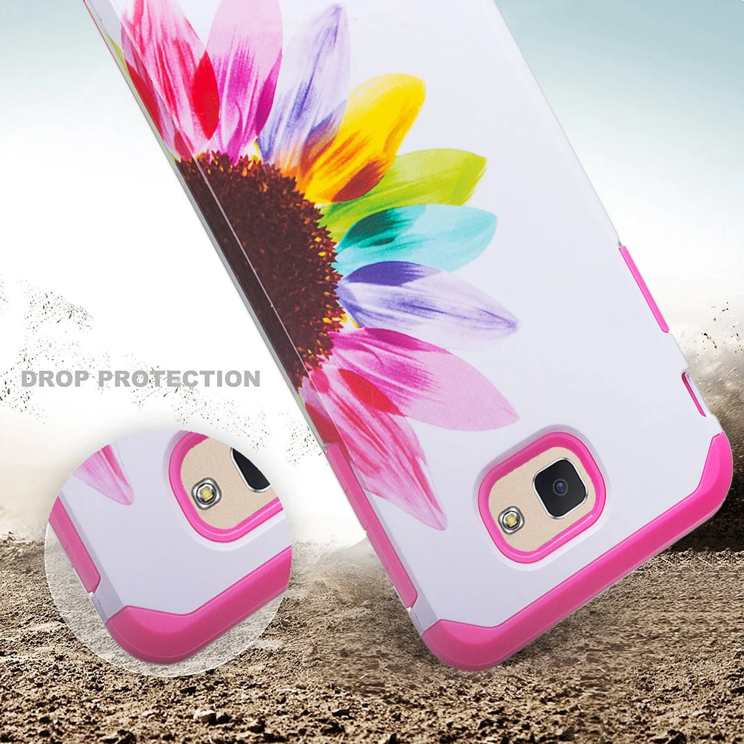 Samsung Galaxy J7 Prime, G610, Galaxy On 7 Case, Slim Hybrid [Shock Resistant] Dual Layer Protective Case Cover - Vivid Sunflower