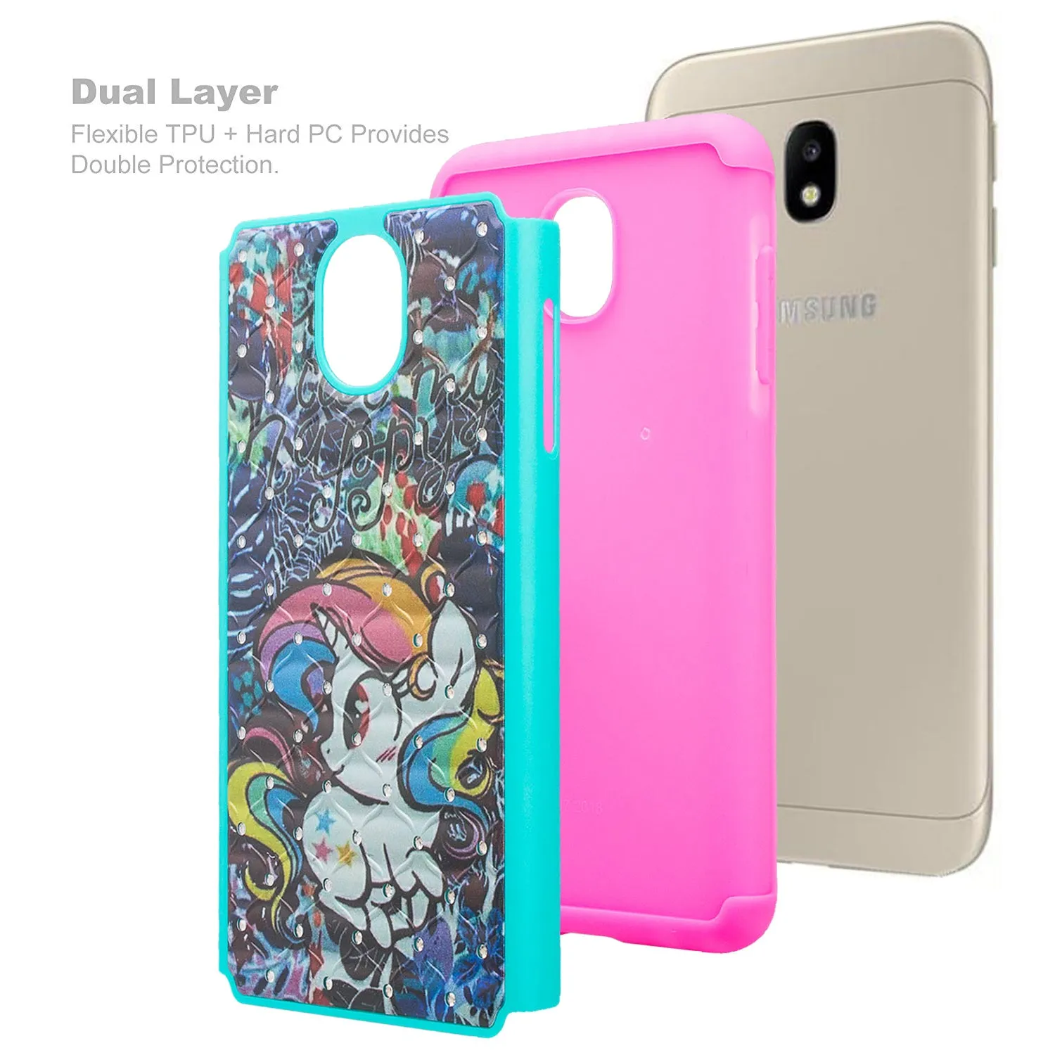 Samsung Galaxy J7 V 2nd Gen/J7 Crown/J7 Top/J7 2018/J7 Star/J7 Achieve/J7 Refine/J7 Aero/J7 Aura Case, Slim Crystal Rhinestone Dual Layer [Shock Resistant] Protective Cover - Rainbow Unicorn