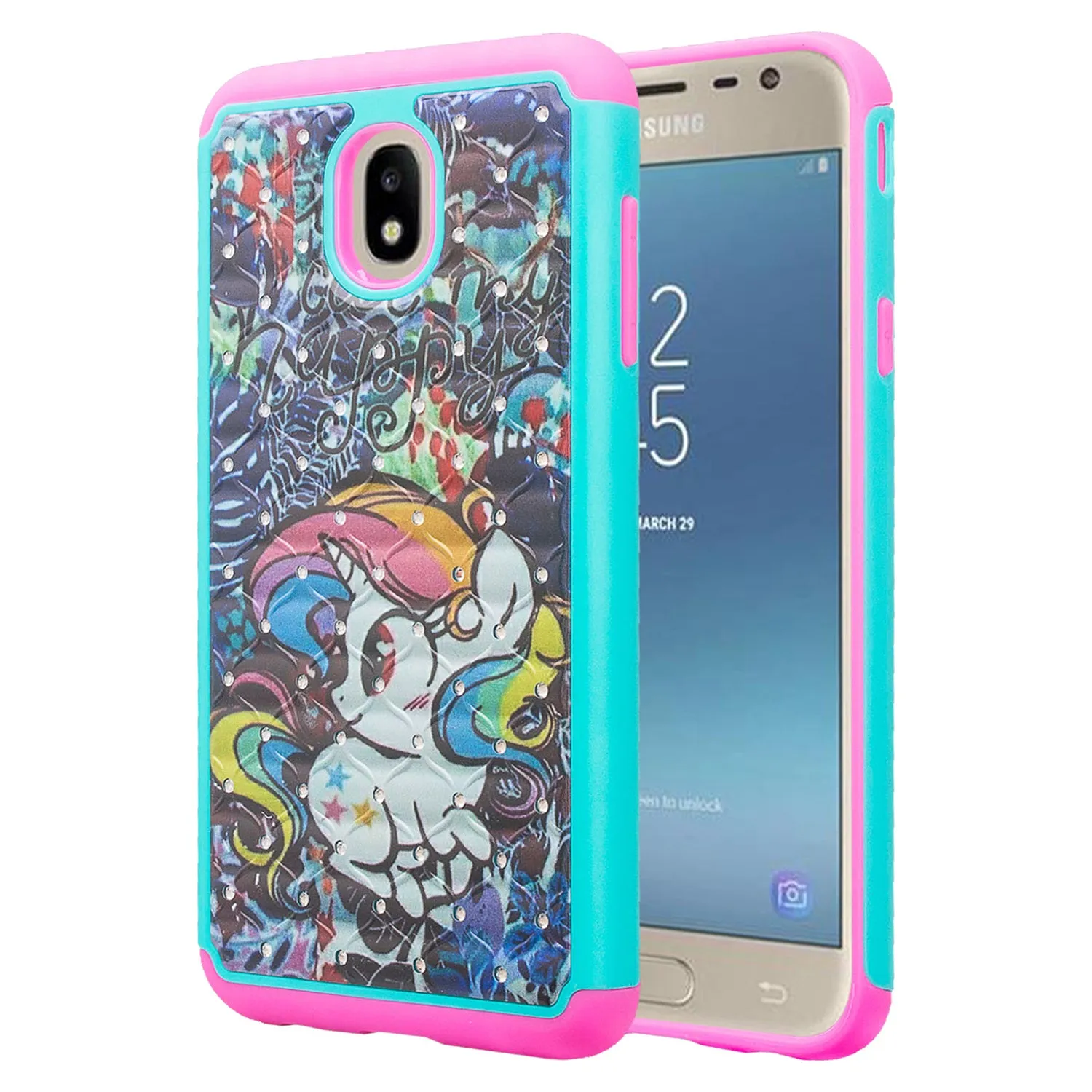 Samsung Galaxy J7 V 2nd Gen/J7 Crown/J7 Top/J7 2018/J7 Star/J7 Achieve/J7 Refine/J7 Aero/J7 Aura Case, Slim Crystal Rhinestone Dual Layer [Shock Resistant] Protective Cover - Rainbow Unicorn