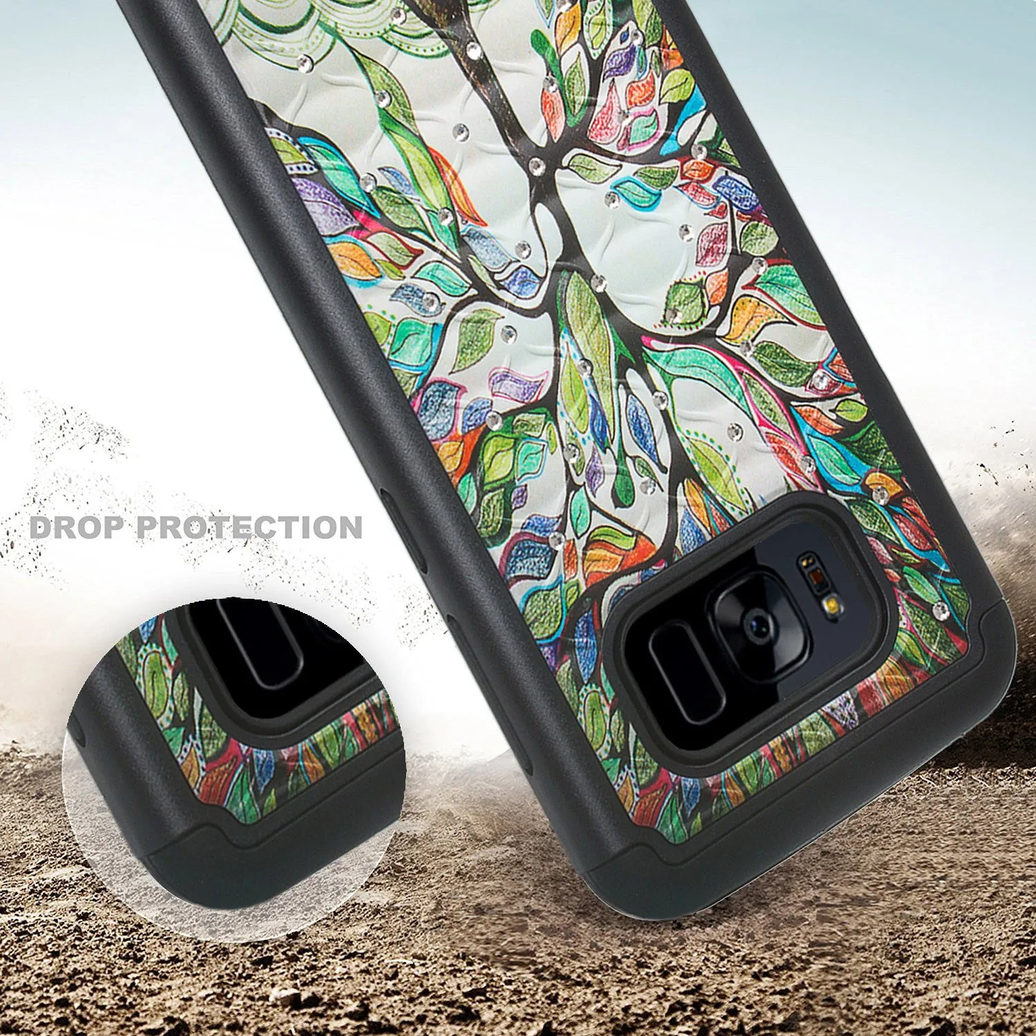 Samsung Galaxy S8 Case, SM-G950 Case, Slim Hybrid [Shock/Impact Resistant] Crystal Rhinestone Dual Layer Protective Cover for Galaxy S8 - Vibrant Tree