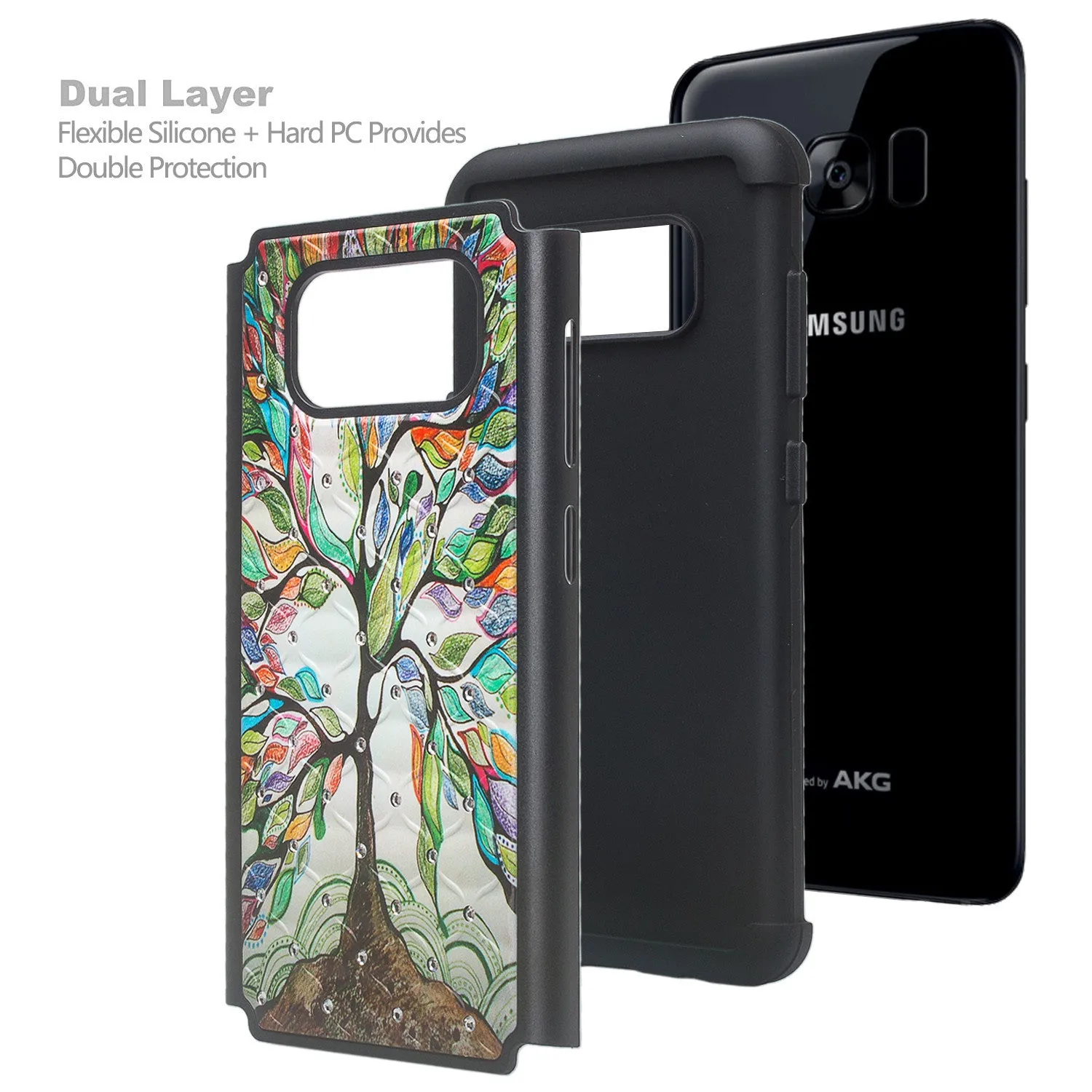 Samsung Galaxy S8 Case, SM-G950 Case, Slim Hybrid [Shock/Impact Resistant] Crystal Rhinestone Dual Layer Protective Cover for Galaxy S8 - Vibrant Tree