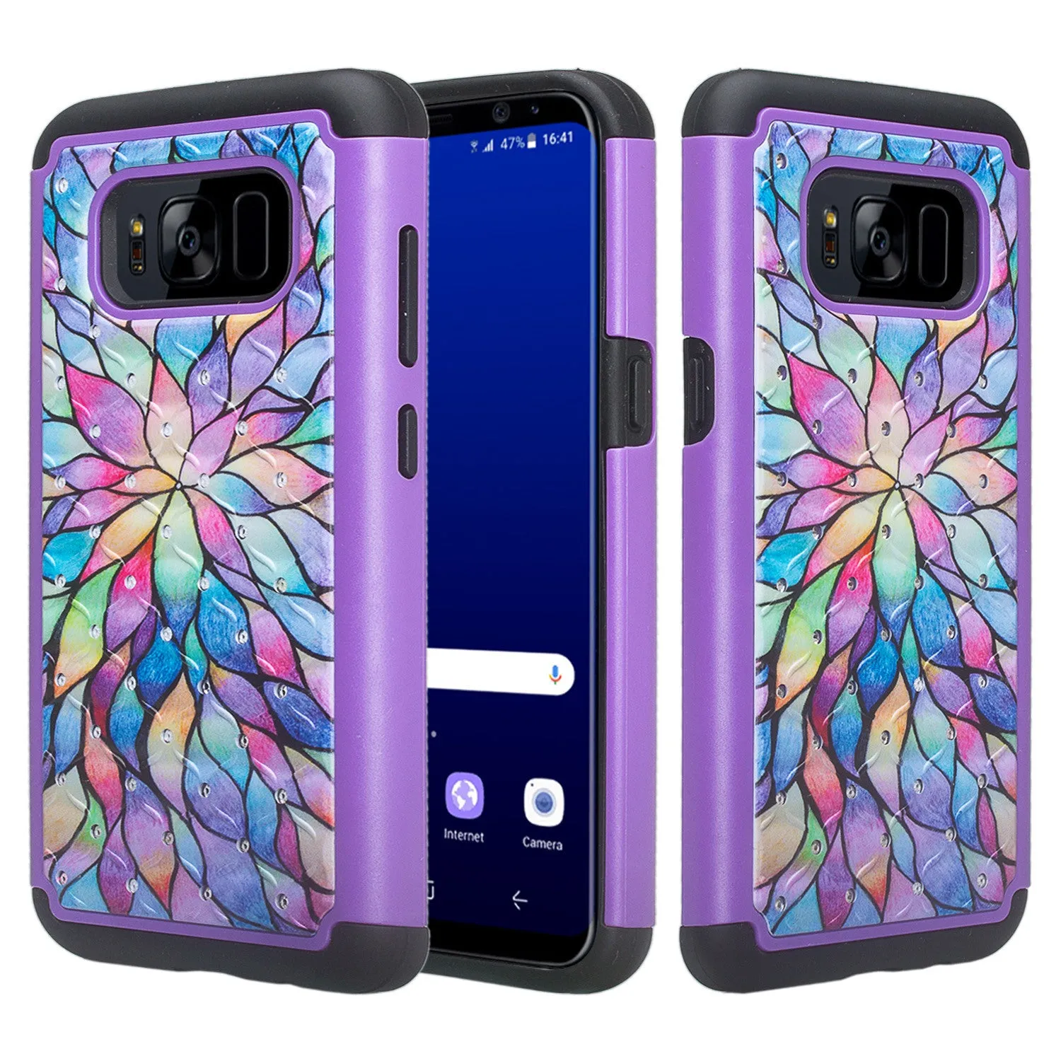 Samsung Galaxy S8 Plus Case, Slim Hybrid Crystal Rhinestone Dual Layer [Shock Resistant] Protective Cover for Galaxy S8 Plus, SM-G955 - Rainbow Flower