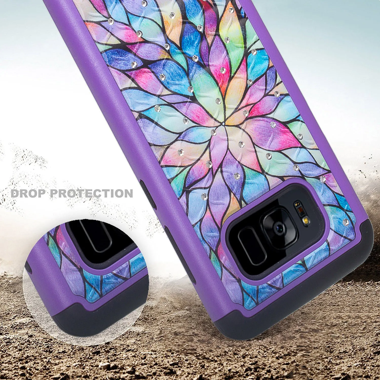 Samsung Galaxy S8 Plus Case, Slim Hybrid Crystal Rhinestone Dual Layer [Shock Resistant] Protective Cover for Galaxy S8 Plus, SM-G955 - Rainbow Flower