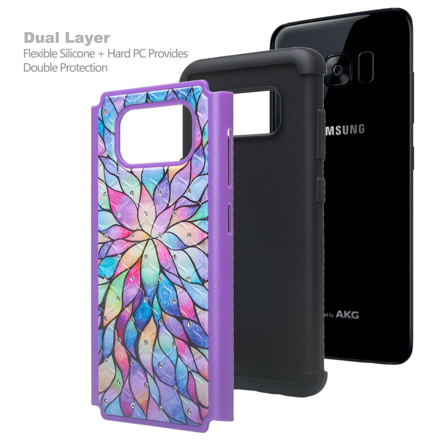 Samsung Galaxy S8 Plus Case, Slim Hybrid Crystal Rhinestone Dual Layer [Shock Resistant] Protective Cover for Galaxy S8 Plus, SM-G955 - Rainbow Flower