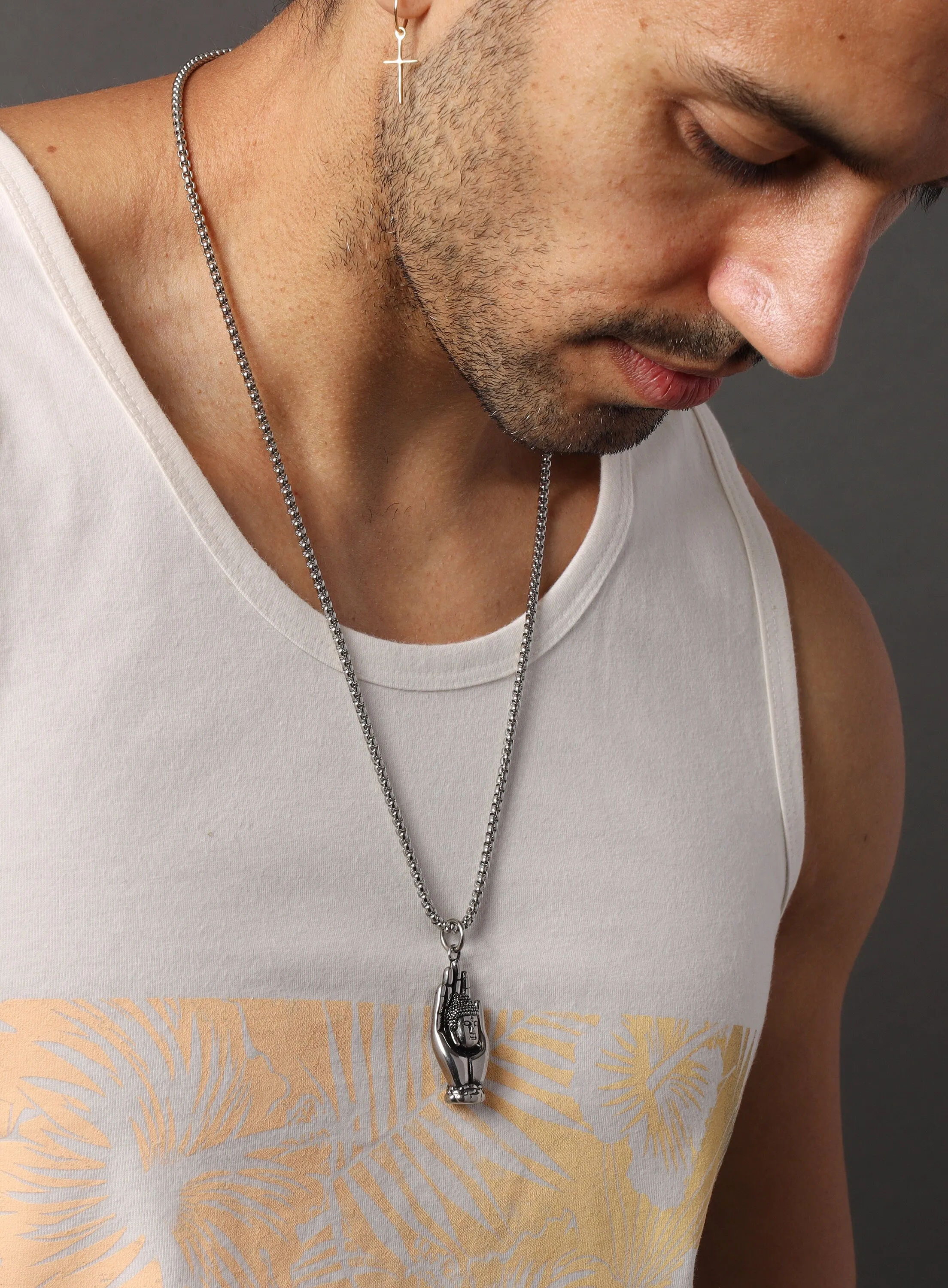 Silver Buddha head on hand 316L Stainless Steel Chain