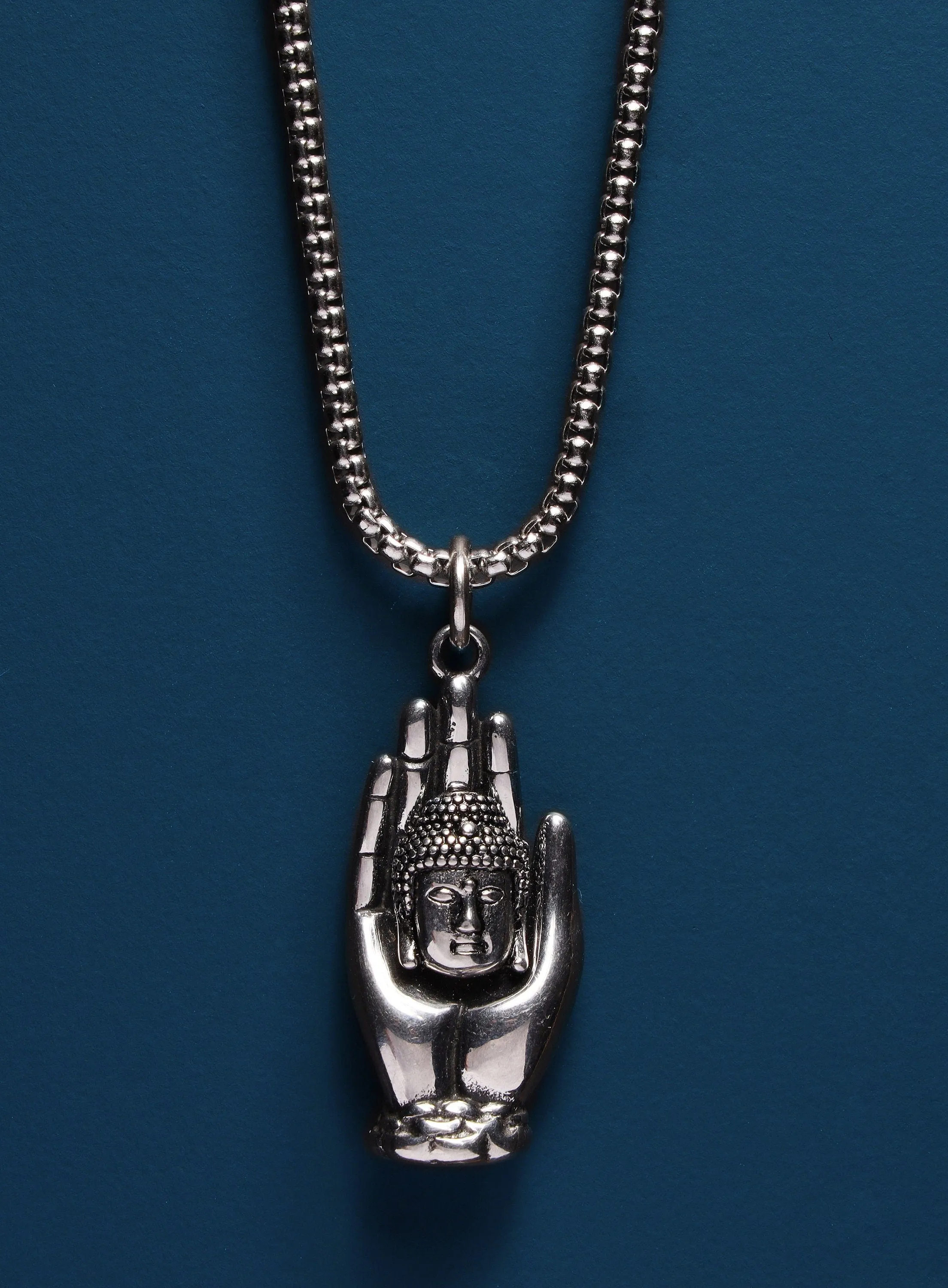 Silver Buddha head on hand 316L Stainless Steel Chain