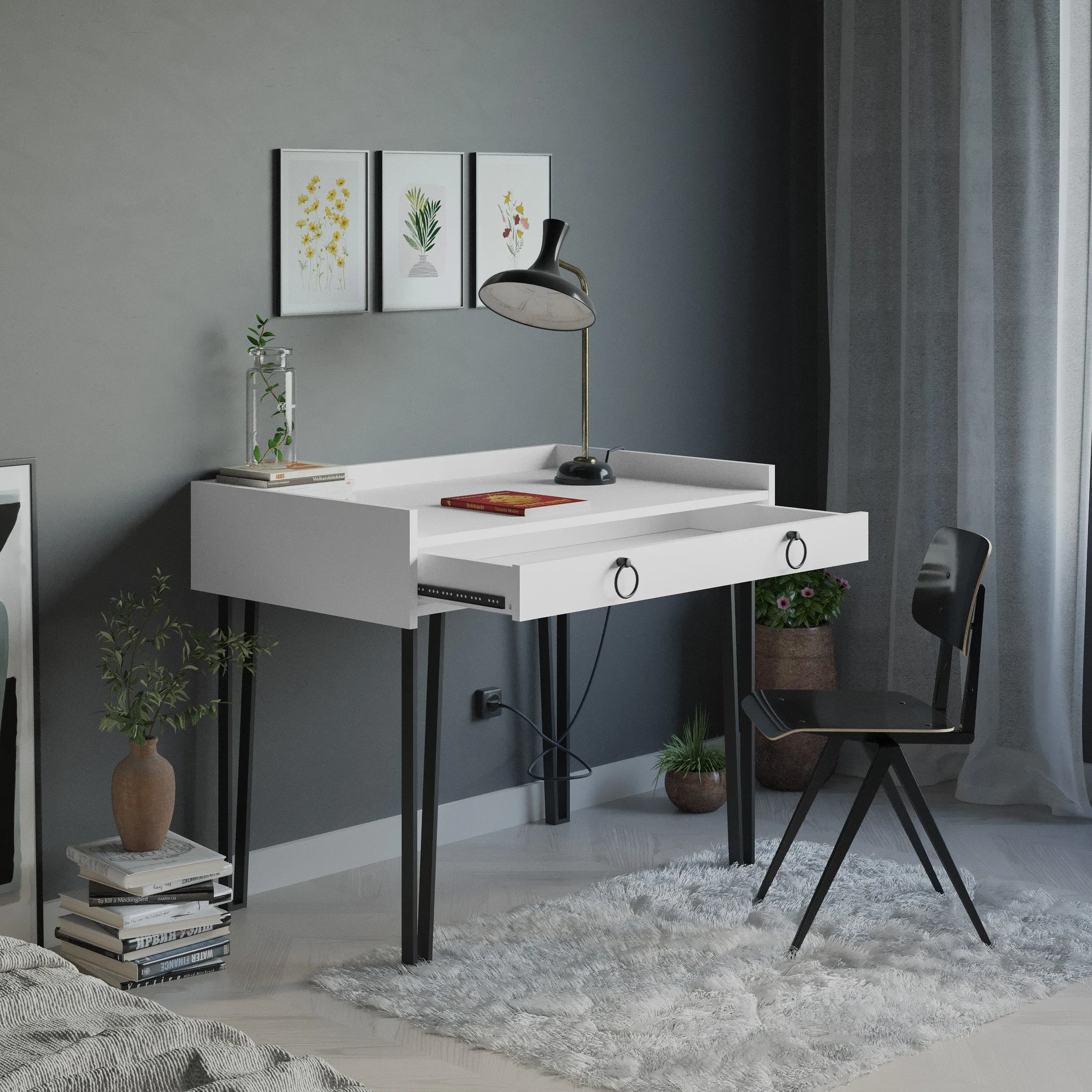 Sponge Study Desk Metal Legs With Drawer Width 100cm