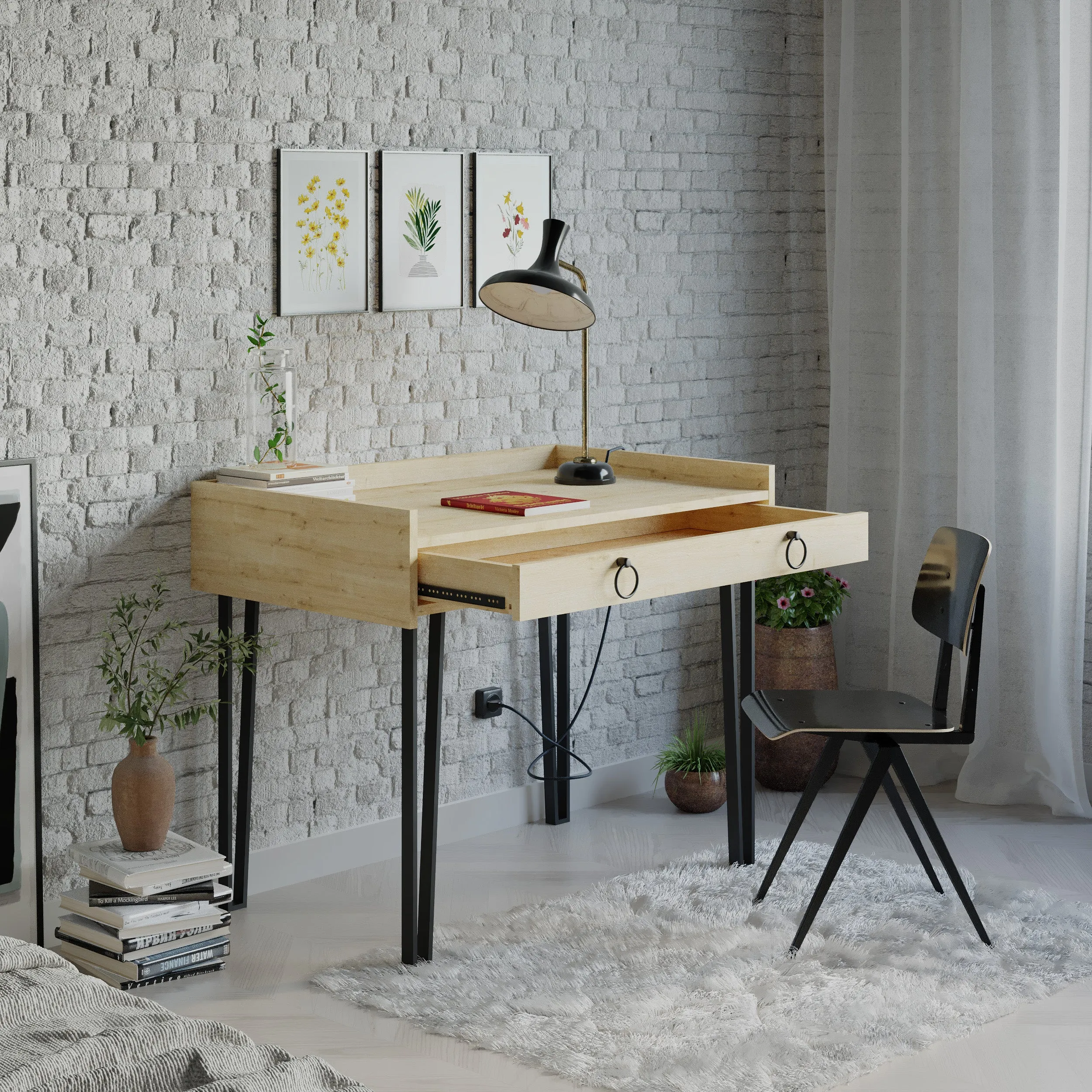 Sponge Study Desk Metal Legs With Drawer Width 100cm