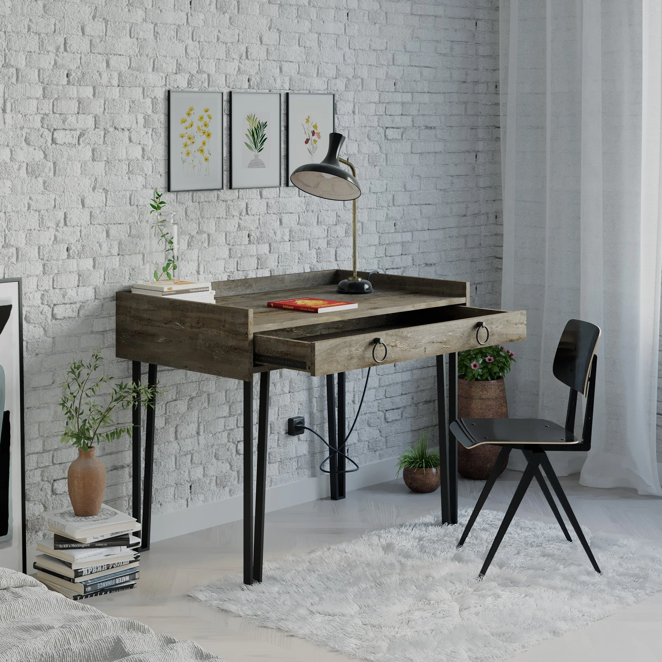 Sponge Study Desk Metal Legs With Drawer Width 100cm