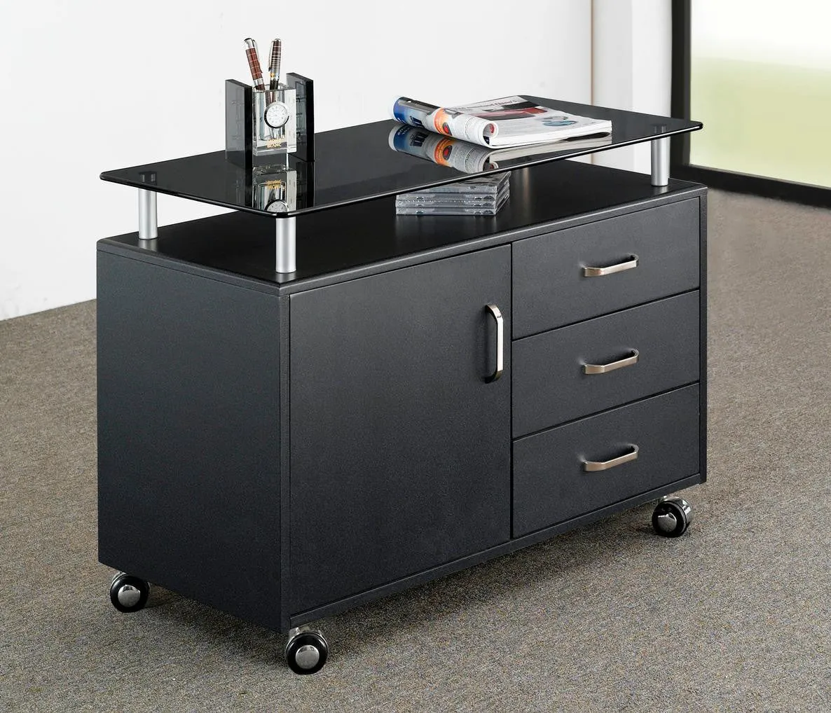 Techni Mobili Deluxe Rolling Glass Top Storage Cabinet