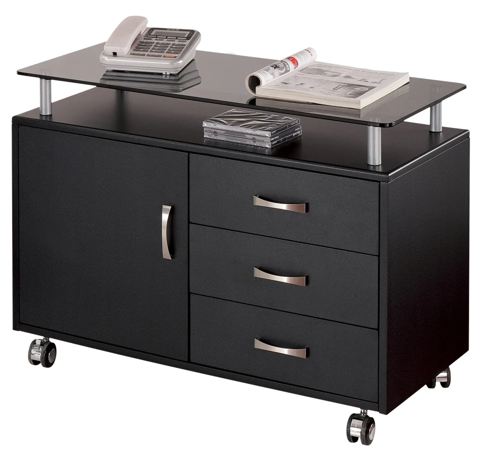 Techni Mobili Deluxe Rolling Glass Top Storage Cabinet