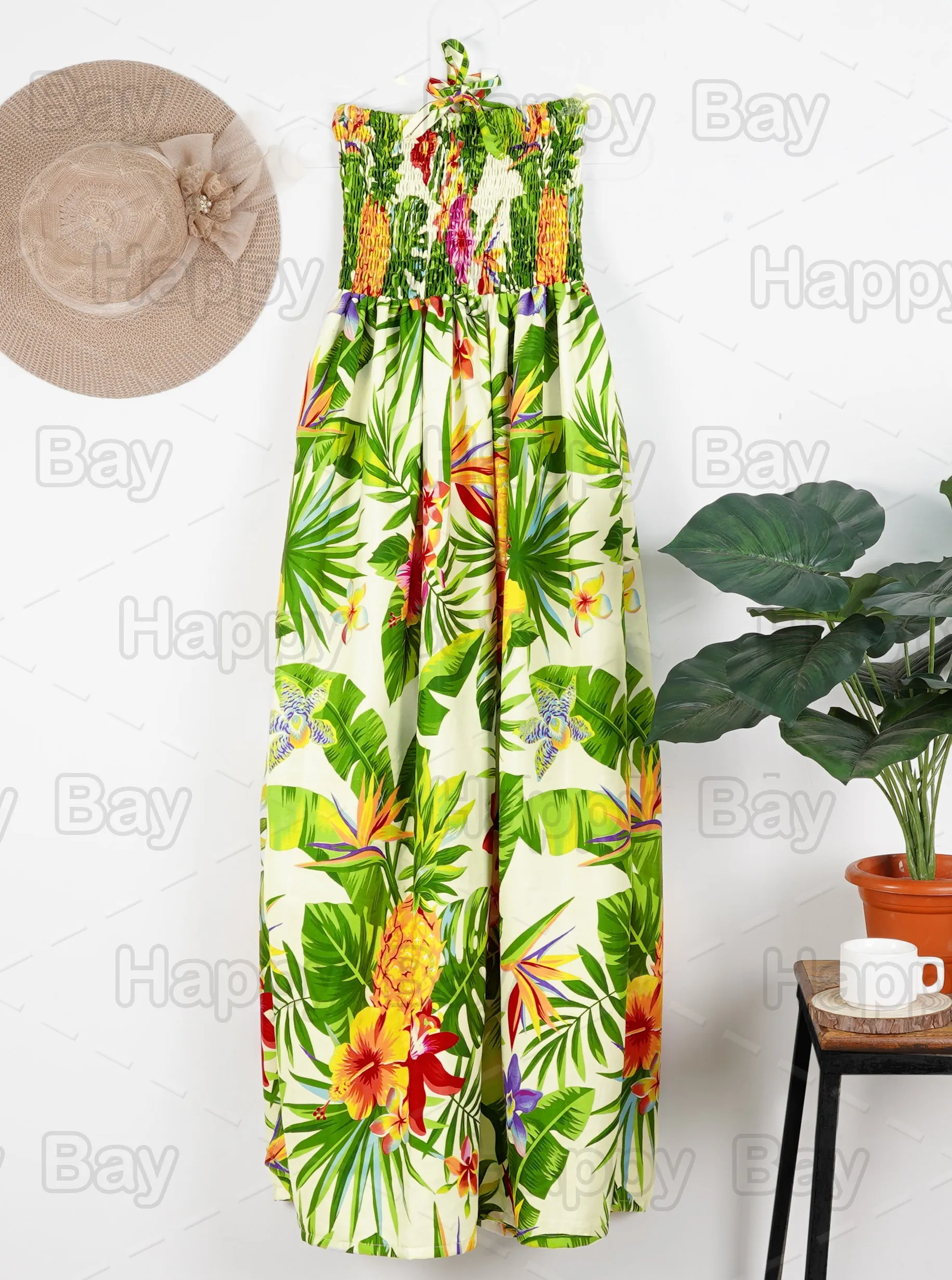 White Pineapple and Flower Print Long Tube Dress For Women