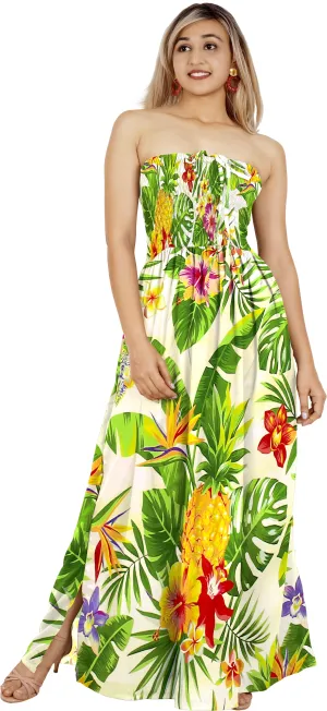 White Pineapple and Flower Print Long Tube Dress For Women