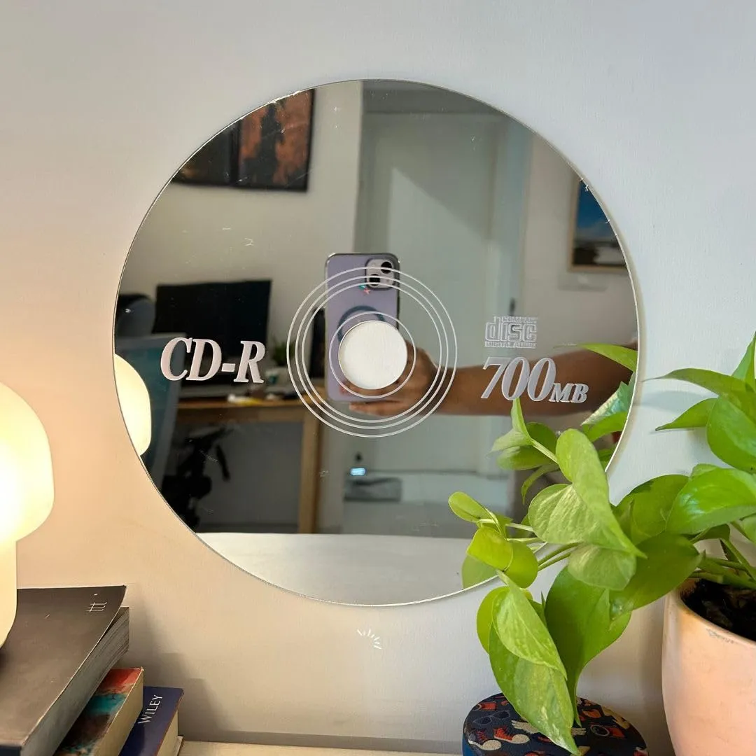 Yellow Town India CD Mirror, Acrylic Stick-On Wall Mount Mirror for Living Room, Bedroom, Bathroom, Hostel Room, Dorms