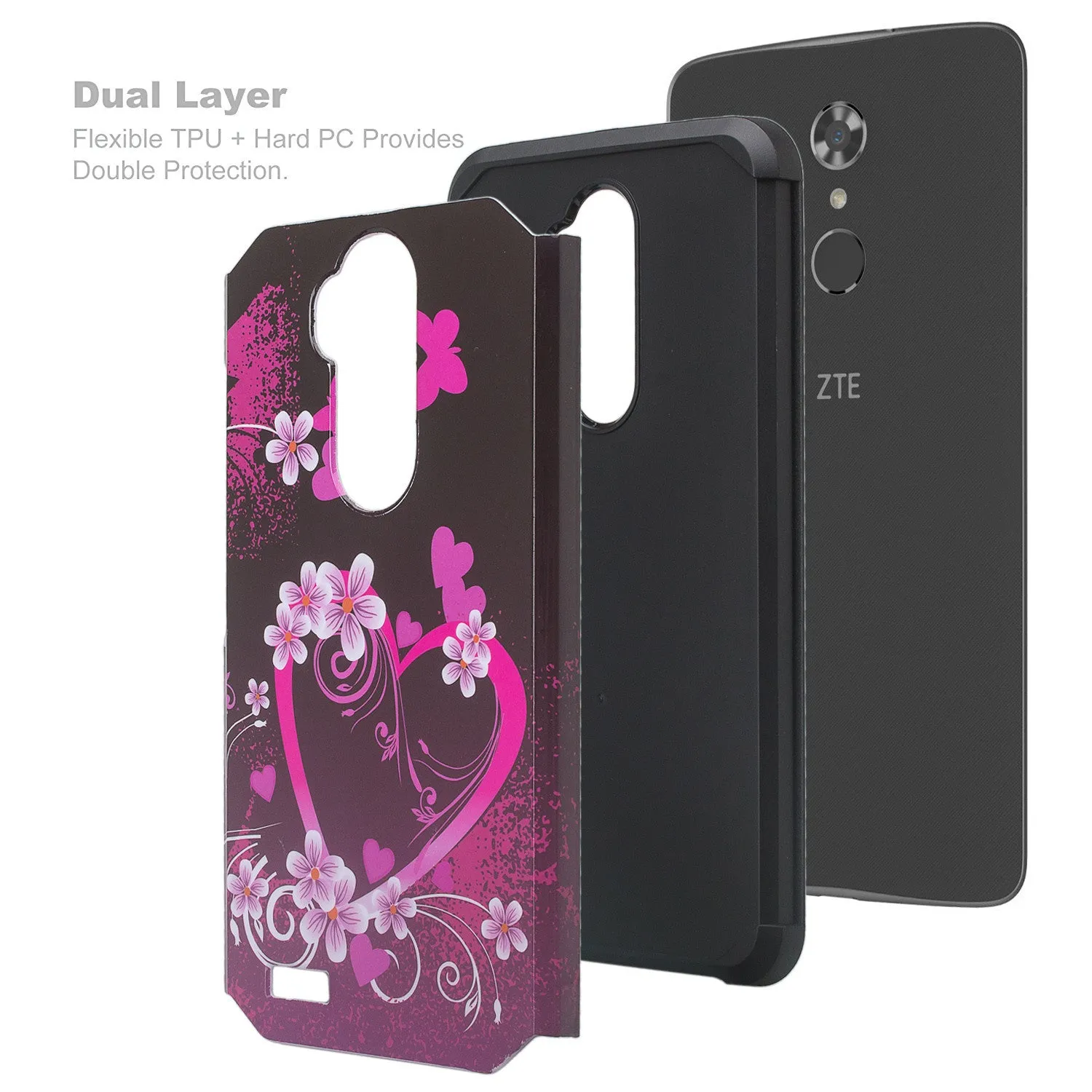 ZTE Max XL, ZTE Blade Max 3, ZTE Max Blue Case, Slim Hybrid Dual Layer[Shock Resistant] Protective  Cover - Heart Butterflies